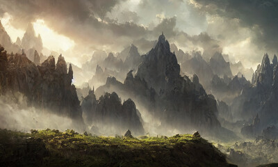 fantasy rocky mountain scenery with cloudy sky