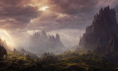 fantasy rocky mountain scenery with cloudy sky