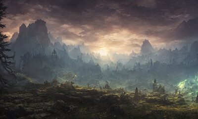 fantasy rocky mountain scenery with cloudy sky
