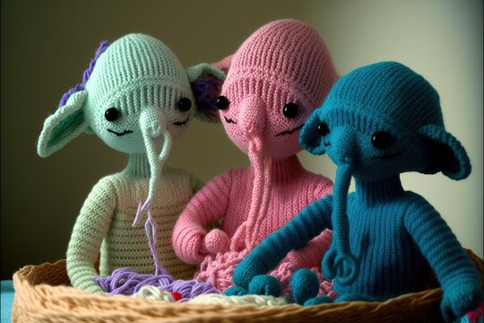 Alien children knitted toys, created with Generative AI technology