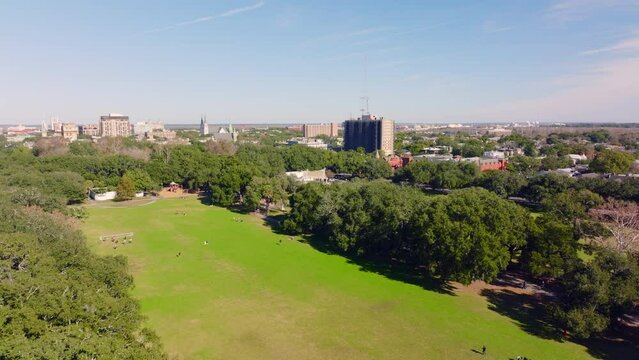 Aerial view of the acreage of Forsyth Park in Savannah Georgia