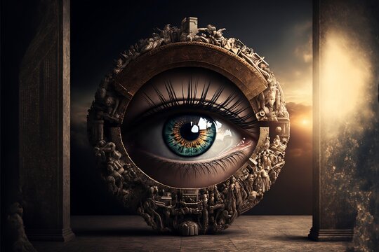 Abstract image of an eye in the center of a circle of ancient civilisation. Generative AI, this image is not based on any original image, character or person.	
