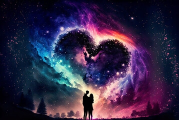 Couple (man/woman) hugging in their cosmic love, their love is their universe, passion and romance in cosmic colors, illustration, generative ai