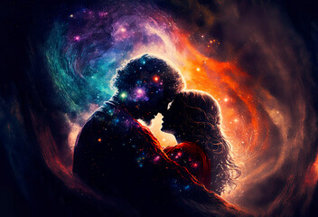 Couple (man/woman) hugging in their cosmic love, their love is their universe, passion and romance in cosmic colors, illustration, generative ai