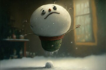 Sad, flying snowman, created with Generative AI technology