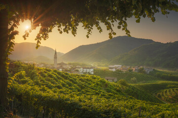 Prosecco Hills, vineyards and Guia village at dawn. Unesco Site. Valdobbiadene, Veneto, Italy