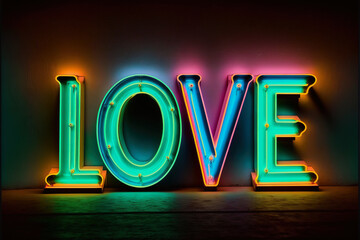 ai midjourney generative illustration of the word love with neon colored capital letters