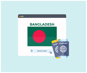 Online booking service on web browser site, trip, travel planning country Bangladesh national flag logo design. Online reservation of plane tickets. Concept for website vector design and illustration.