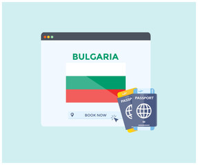 Online booking service on web browser site, trip, travel planning country Bulgaria national flag logo design. Online reservation of plane tickets. Concept for website vector design and illustration.
