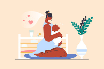 Motherhood concept with people scene in flat design. Young mother holding and hugging little newborn baby, enjoys her maternity and child care. Illustration with character situation for web