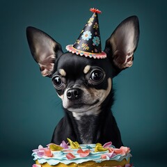 A black chihuahua birthday's party, funny birthday card, generative AI - obrazy, fototapety, plakaty