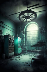 Evil abandoned ghost hospital interior. War zone.
