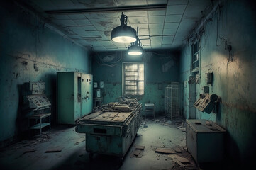 Old operating table and gear. Dim light. Horror hospital.