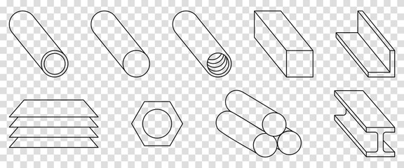 Metal products icons. Fabrication of metal raw materials, parts, linear icon collection. Vector illustration isolated on transparent background
