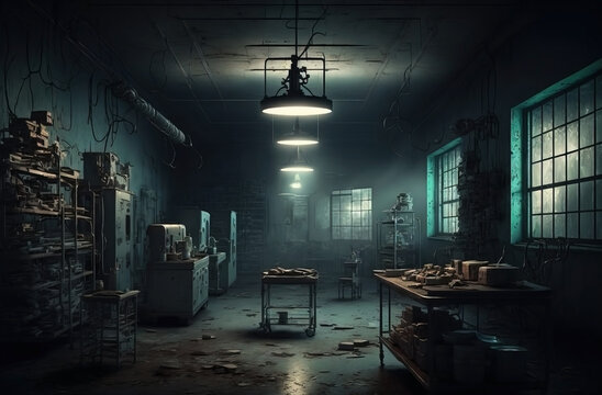 Dim light shining in a ghostly old hospital interior room with operating table. Rubble and debris on floor and walls. Morgue. Ghost town. Horror slasher captivity facility.