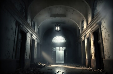 Old abandoned mansion interior. Horror spooky asylum. Hallway with several doors on both sides.