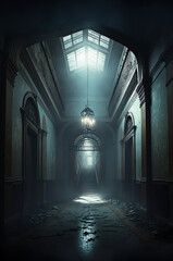 Abandoned old rusty mansion interior with misty and foggy light shining though shutters. Haunted house. Spider webs. Ghost mansion. Vampire and werewolf mansion. Bats flying. Zombies.