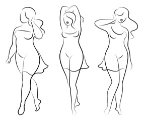 Collection.Beautiful woman silhouette in modern single line continuous style. The girl is overweight. The lady is standing. Vector illustration set.