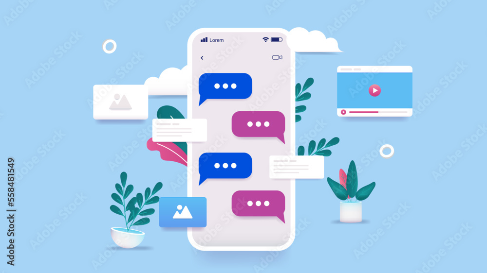 Aufkleber Phone text messages - Smartphone screen with texting and sending photos and videos. Digital communication concept, vector illustration with blue background
