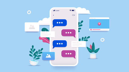Phone text messages - Smartphone screen with texting and sending photos and videos. Digital communication concept, vector illustration with blue background