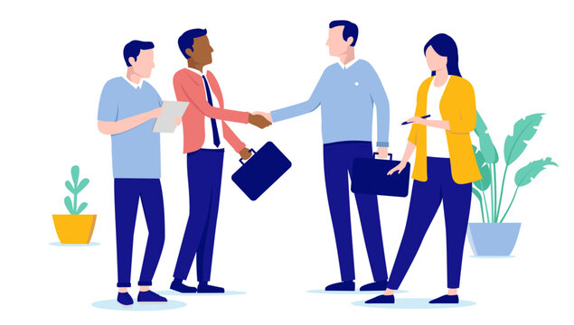 Business collaboration - Businesspeople teams shaking hands and making deal and agreement in office. Working together concept, flat design vector illustration with white background
