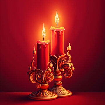 Candles on a red background. Generative AI.