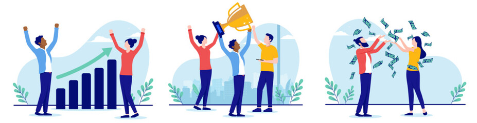 Business success collection - Set of vector illustrations with people winning, cheering, making money and being successful, flat design with white background