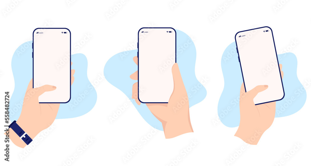 Poster mobile phone in hand collection - set of vector mockup illustrations of human hands holding smartpho