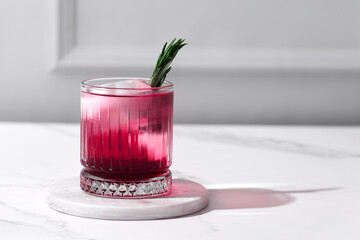 Kir Royal cocktail with cranberries and rosemary in a crystal glass on a white background
