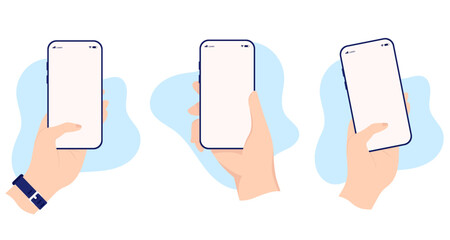 Mobile phone in hand collection - Set of vector mockup illustrations of human hands holding smartphone with blank screen on white background - obrazy, fototapety, plakaty