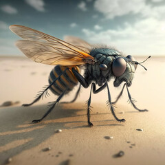 Fototapeta premium Portrait of a fly on the beach. Generative AI.