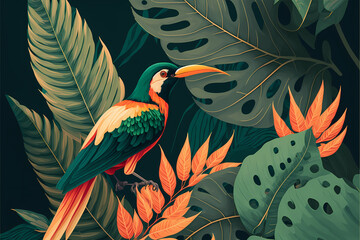 tropical leaves with bird of paradise, jungle, 2d flat digital illustration, green background, generative ai design art style