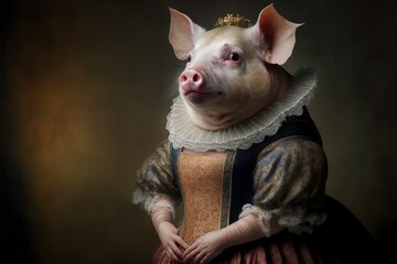 Created with Generative AI technology. portrait of a pig in renaissance clothing - obrazy, fototapety, plakaty