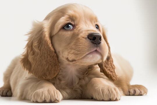 Licking his lips while lying down, a puppy Cocker Spaniel dog is seen alone on a white backdrop. Generative AI
