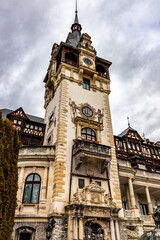 Peles castle at cloudy day. Sinaia city, Romania.
