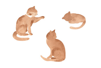 Watercolor cats hand drawn illustration - black cat, red cat, brown cat, kitten on isolated png white background of sleeping, standing, play kitty