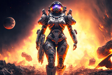 beautiful fierwarrior woman in astronaut suit lost in the solar system
