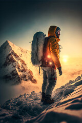 high altitude climber in front of alpine mountain with glacier. Adventure achievement and success concept. designed using generative ai. 
