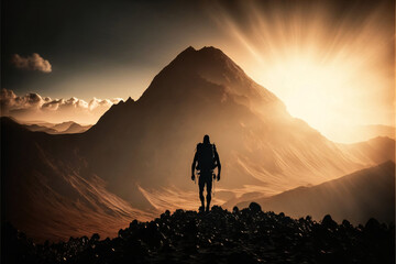 Silhouette of a hiker standing in front of a gigantic mountain. Designed using generative ai. 