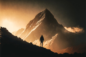 Silhouette of a hiker standing in front of a gigantic mountain. Designed using generative ai. 