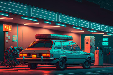 car parked in front of a building, cyberpunk, retrofuturism, retrowave, synthwave