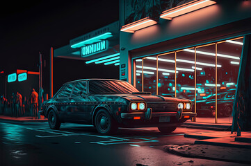 Fototapeta premium car parked in front of a building at night, cinematic lighting, retrowave