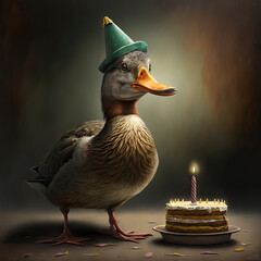 A duck with birthday hat and a birthday cake, Generative AI