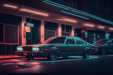 car parked in front of a building at night, cinematic lighting, retrowave