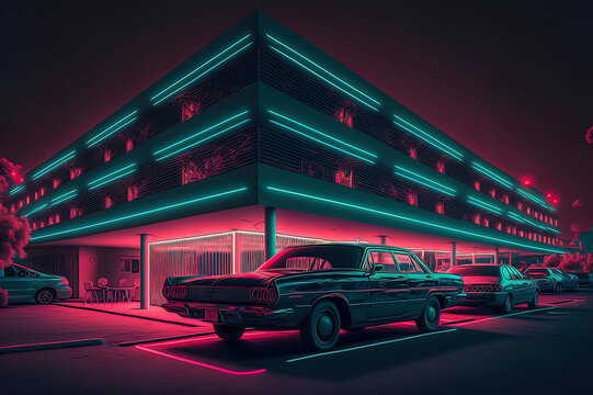 vintage car parked, neon lights on the scene