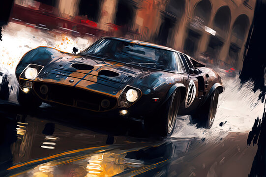 Quick Stroke Oil Painting Of A Car At High Speed Down A Street, Cinematic Action Chase Scene