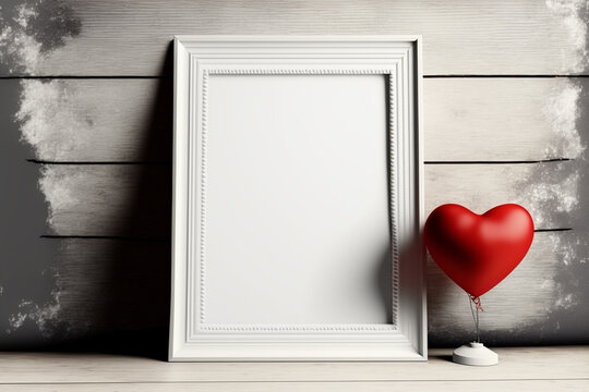 empty picture frame mockup, red valentine heart, wooden wall. Generative AI