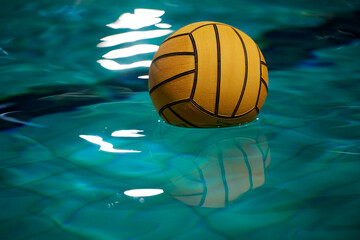 Yellow water polo ball in a swimming pool on blue water background. Film noise and gain - 558485778
