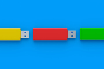 Row of flash drives, usb memory sticks. Electronic access key. Data storage. Top view. 3d render