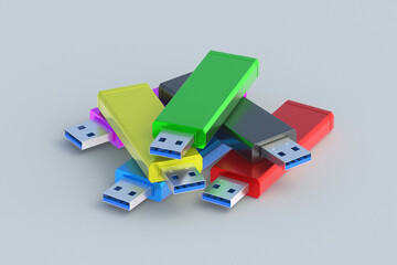 Heap of flash drives, usb memory sticks. Electronic access key. Data storage. 3d render